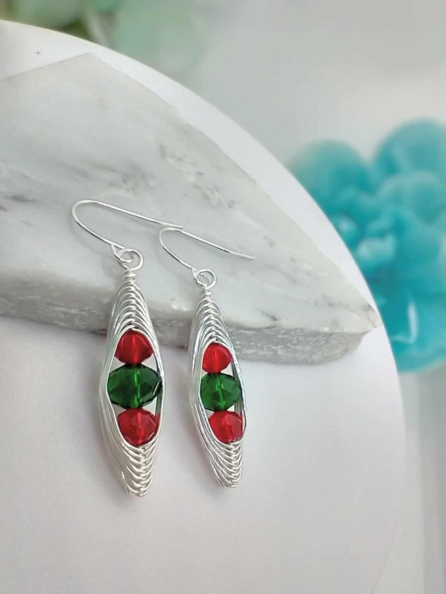 Wire Braided Christmas Dangle Earrings: Red & Green Glass