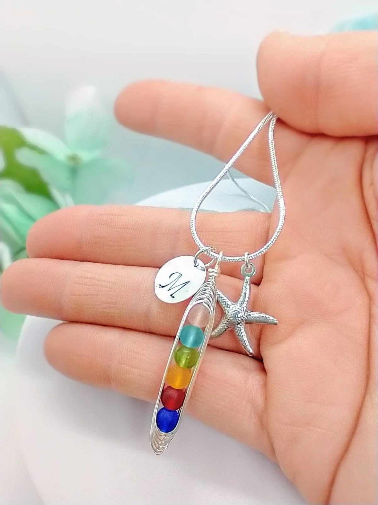 Seaglass Name Plate Necklace: Starfish Charm, Personalized Initial