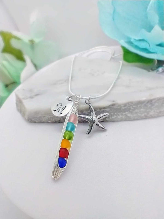 Seaglass Name Plate Necklace: Starfish Charm, Personalized Initial