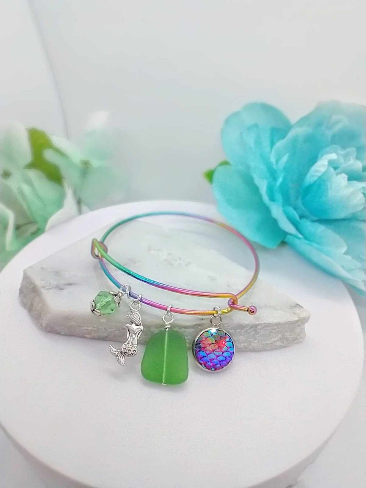 Mermaid Sea Glass Bangle Bracelet: Beach Charm Jewelry