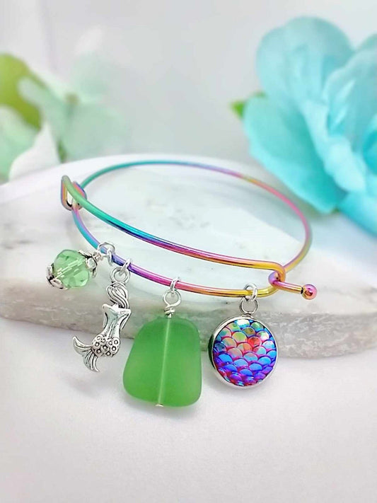 Mermaid Sea Glass Bangle Bracelet: Beach Charm Jewelry