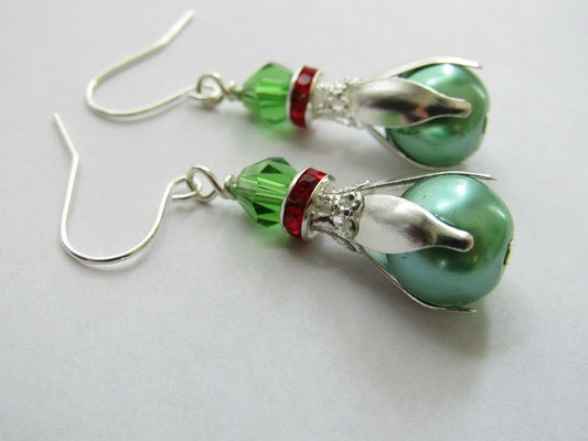 Green Pearl Dangle Earrings: Holiday Christmas Stocking Stuffer