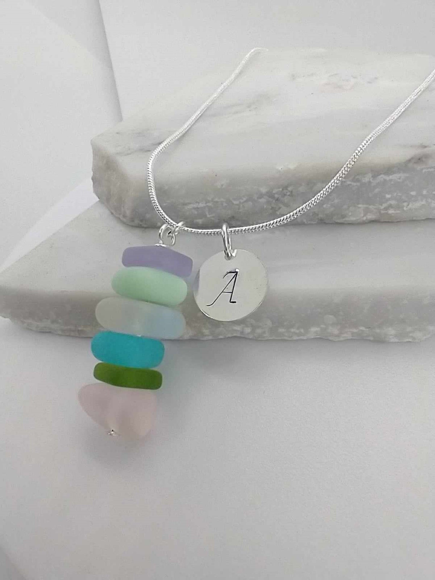 Personalized Sea Glass Necklace: Initial Charm, Mermaid Accent