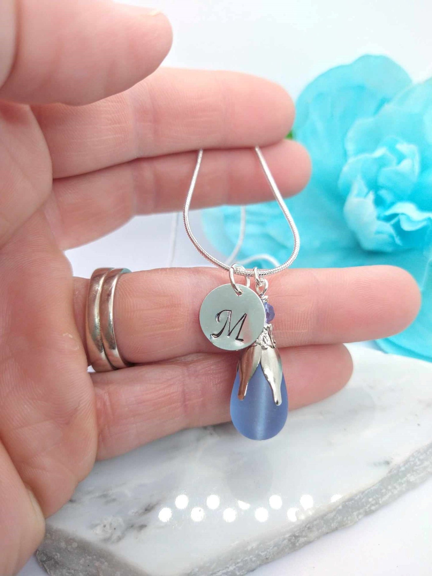 Personalized Sea Glass Necklace: Initial Charm, Beach Jewelry
