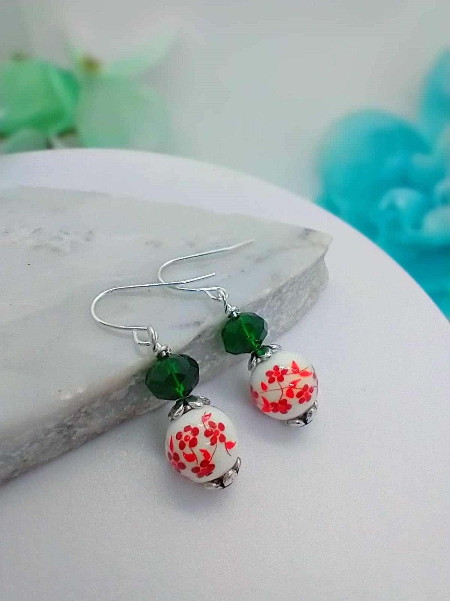 Red Floral Christmas Earrings: Silver Plated Dangle Earrings