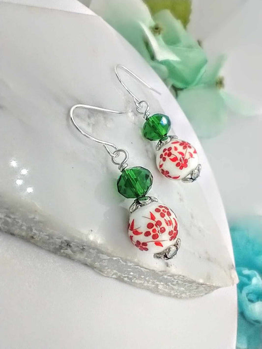 Red Floral Christmas Earrings: Silver Plated Dangle Earrings