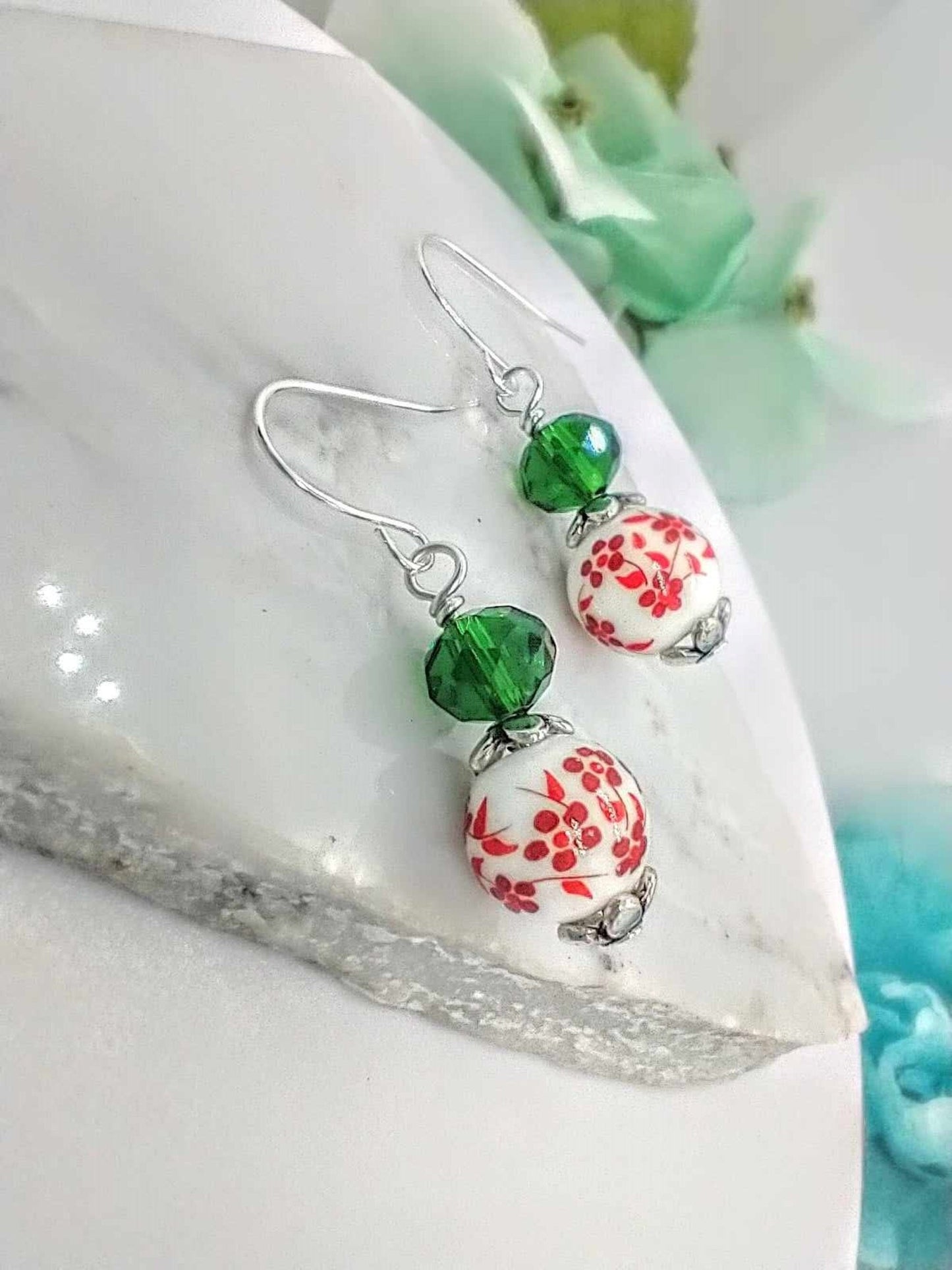 Last Minute Christmas Gift, Handmade Christmas Earrings | Red Floral Ceramic Beads, Crystal Dangles