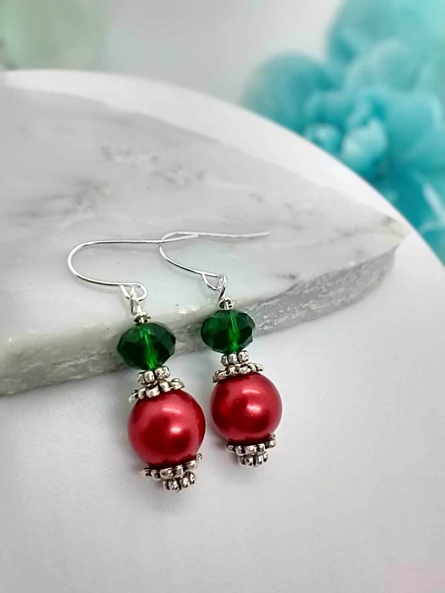 Handmade Red Pearl Christmas Earrings: Green Dangle Drop Jewelry