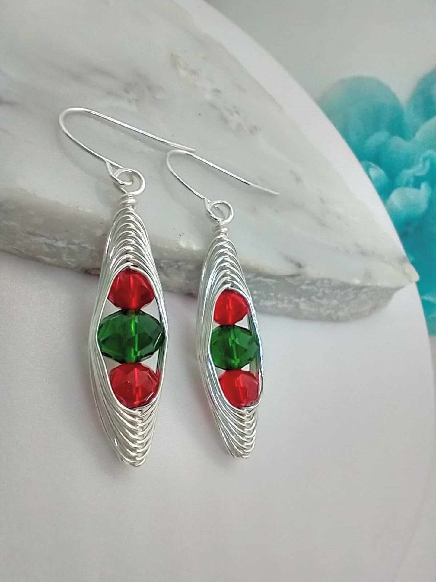Wire Braided Christmas Dangle Earrings: Red & Green Glass