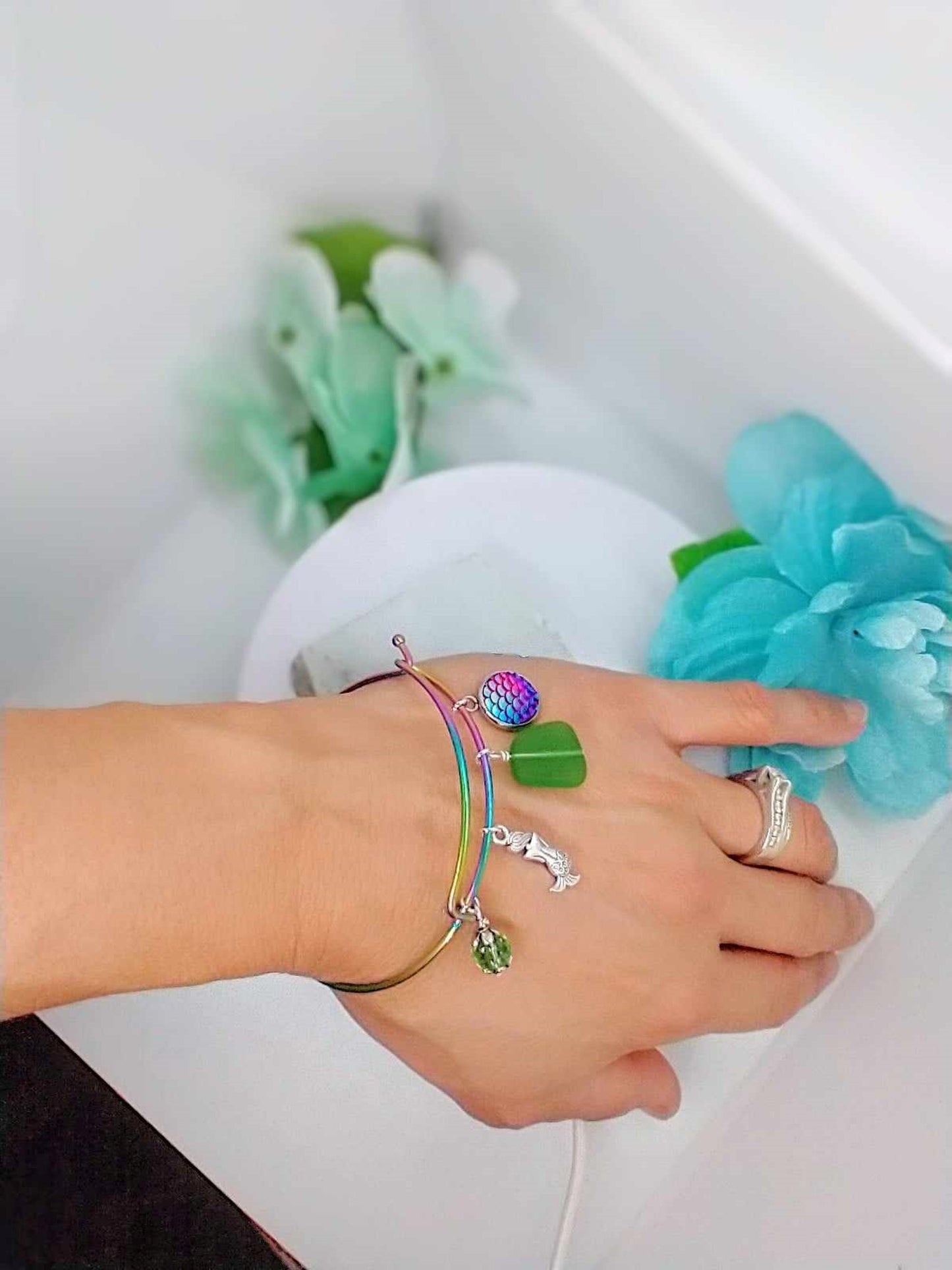Mermaid Sea Glass Bangle Bracelet: Beach Charm Jewelry