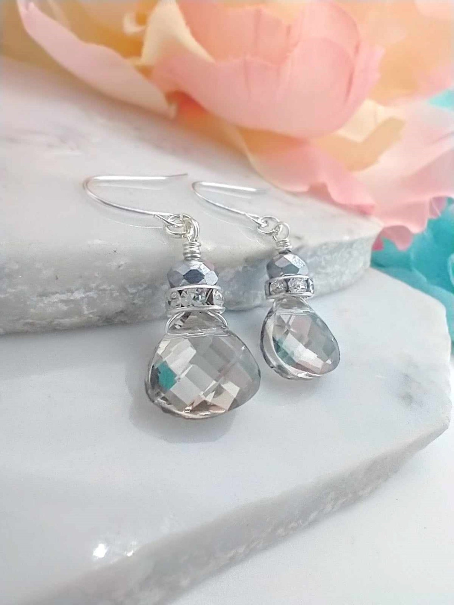 Crystal Teardrop Dangle Earrings: Sterling Silver Bridal Jewelry Set