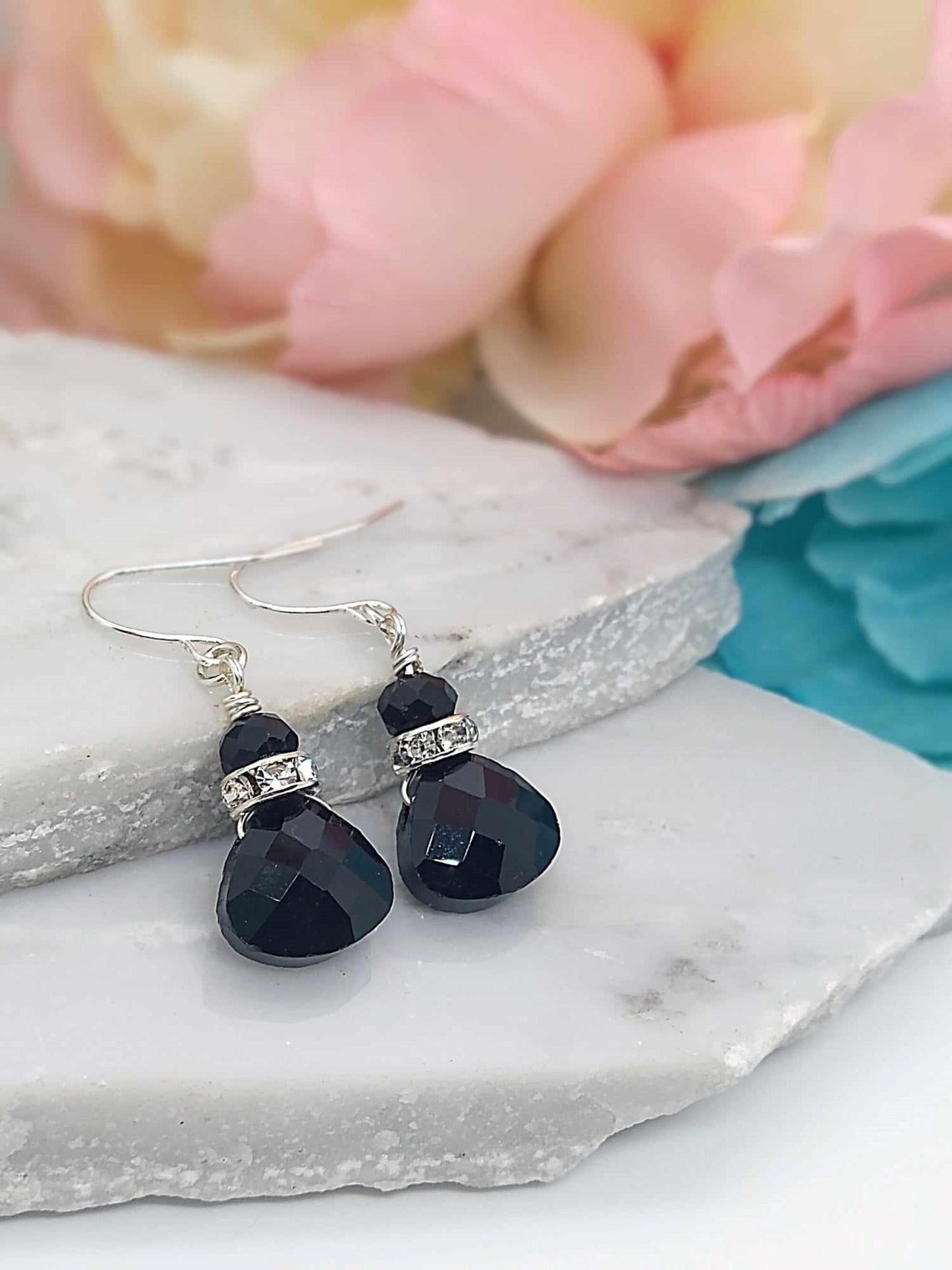 Black Onyx Earrings Crystal Teardrop Silver Dangle Earrings Ladies Bridal Earrings Earring Gift For Her Dainty Earrings Gemstone Jewelry