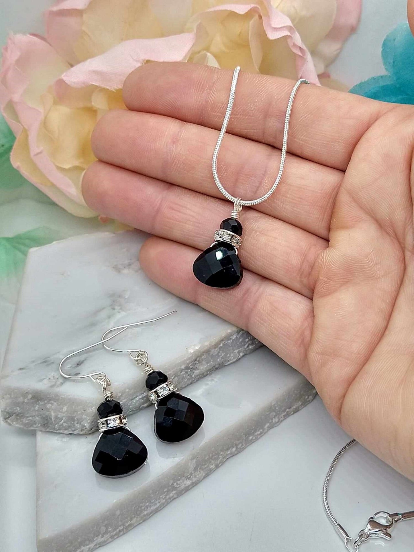 Black Onyx Gemstone Silver Snake Chain Necklace 18 Inch Teardrop Charm Dainty Minimalist Gift For Her Handmade Jewelry Christmas Gift