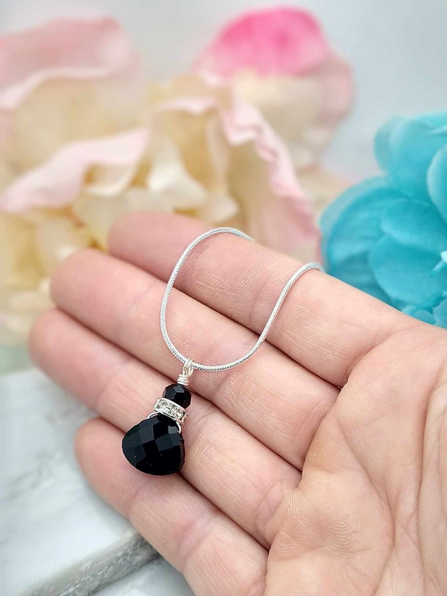 Black Onyx Gemstone Silver Snake Chain Necklace 18 Inch Teardrop Charm Dainty Minimalist Gift For Her Handmade Jewelry Christmas Gift