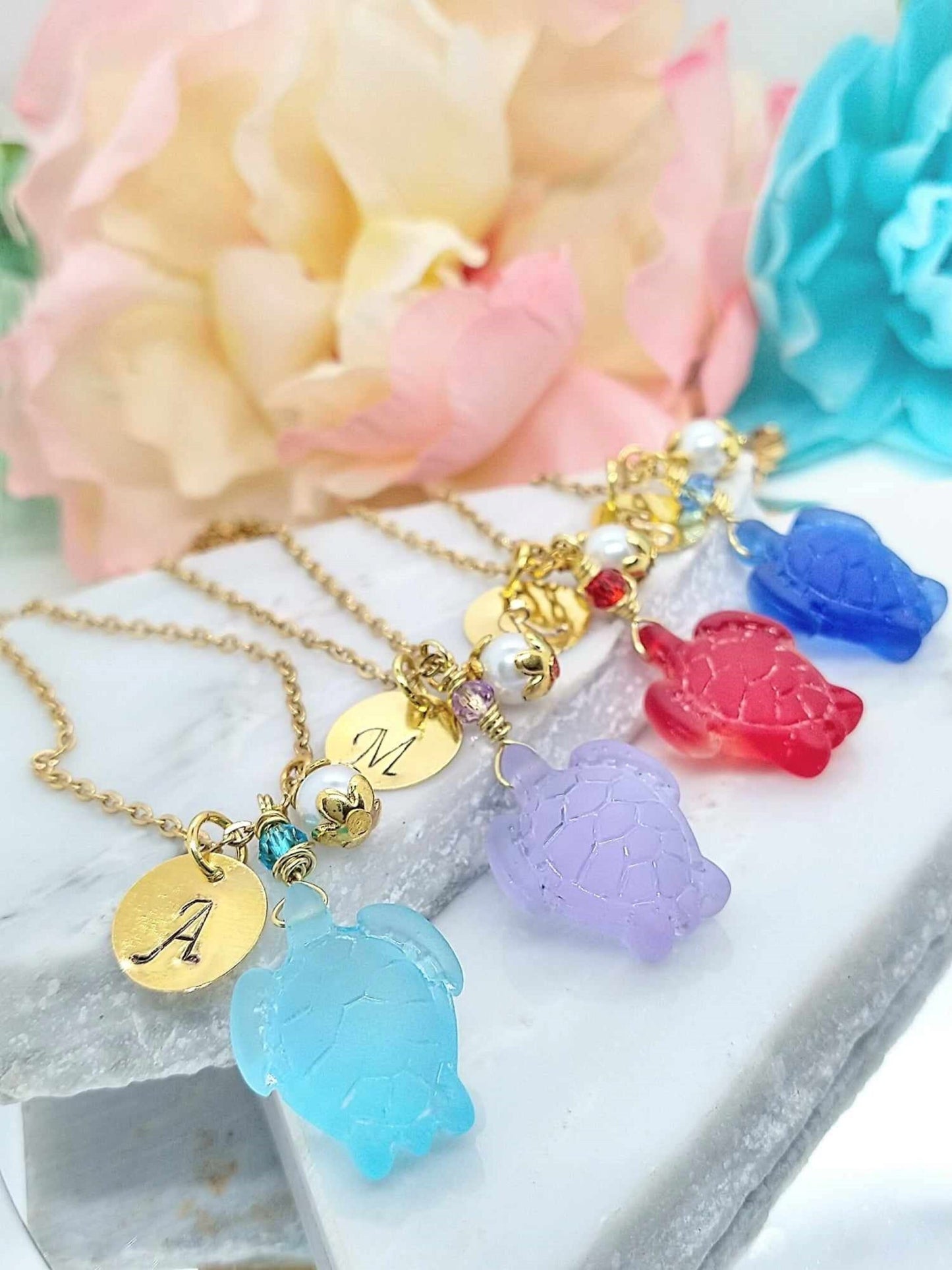 Gold Sea Glass Turtle Necklace: Personalized Initial Charm