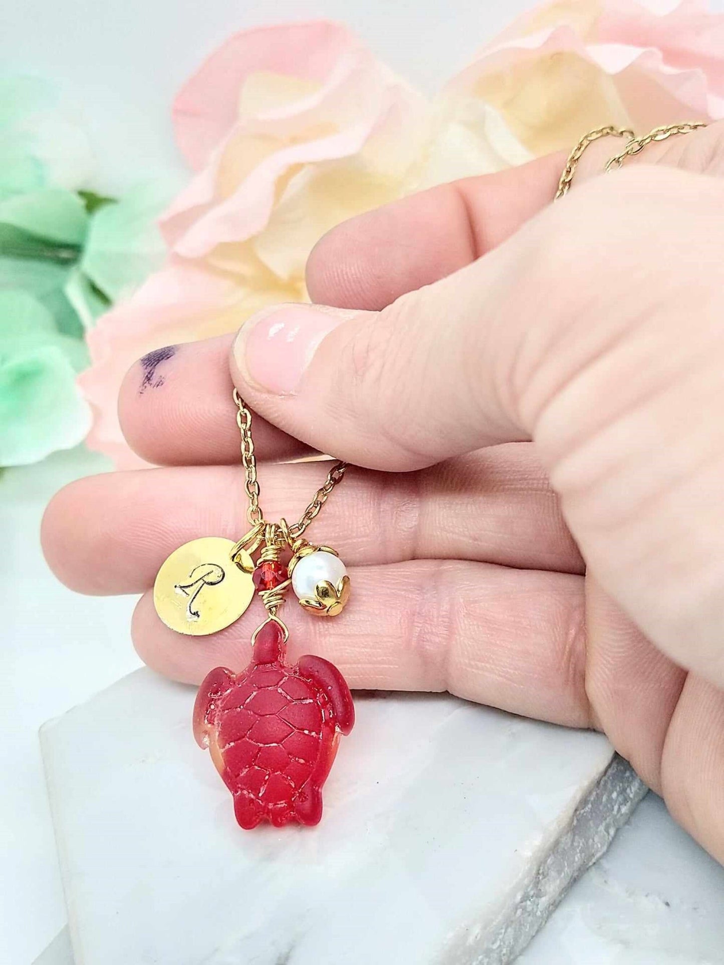 Gold Sea Glass Turtle Necklace: Personalized Initial Charm