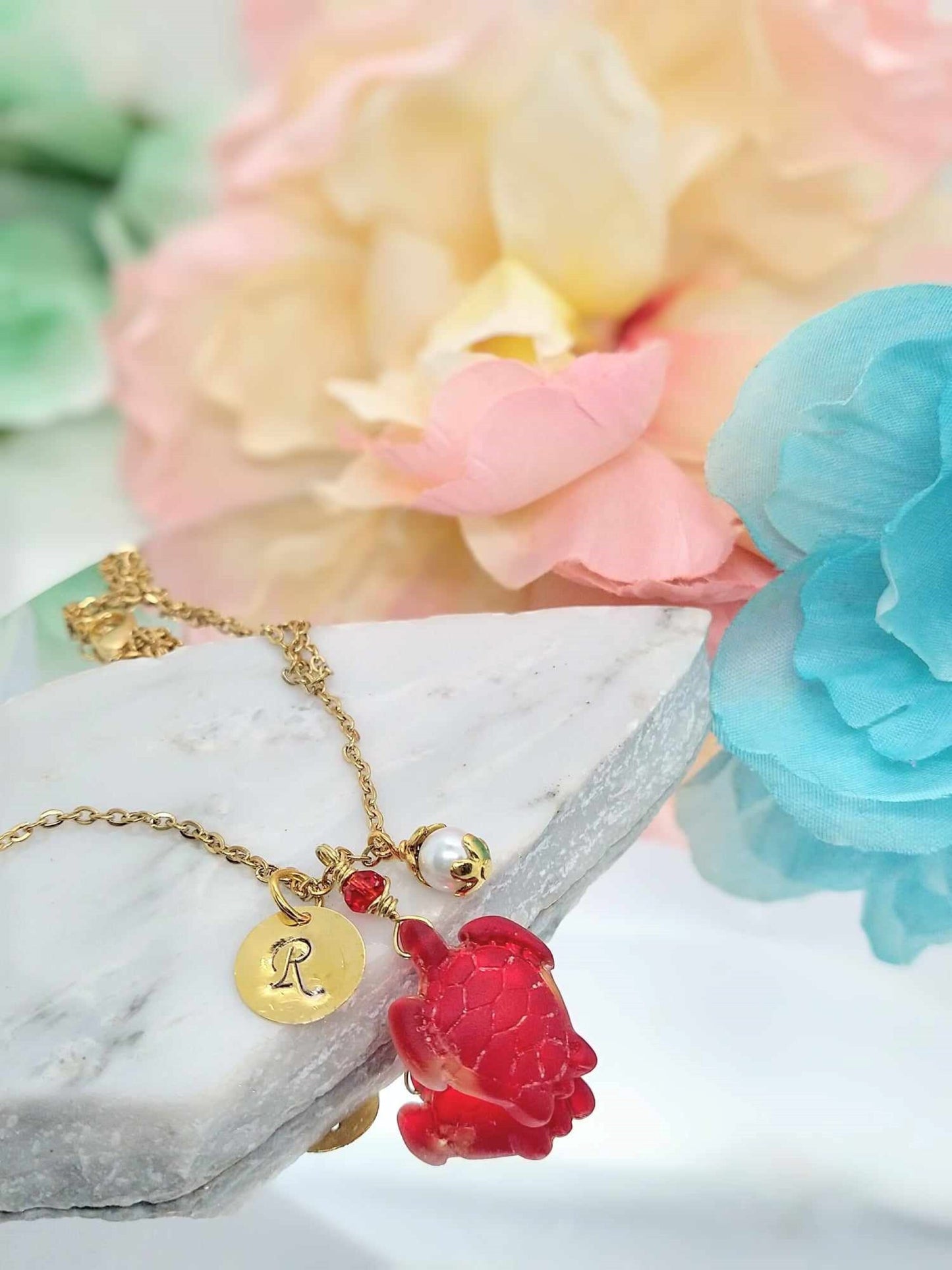 Gold Sea Glass Turtle Necklace: Personalized Initial Charm