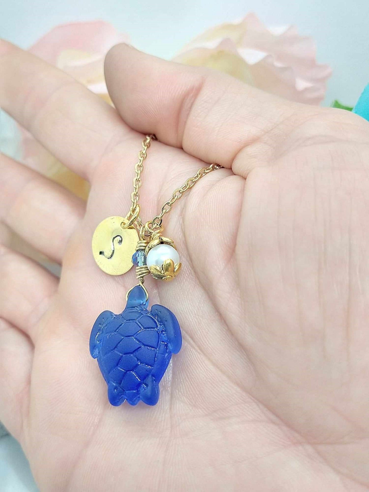 Dainty Blue Turtle Necklace • Personalized 18K Gold Jewelry • Sea Glass Pendant Gift • Coastal Ocean Necklace • Custom Initial Jewelry