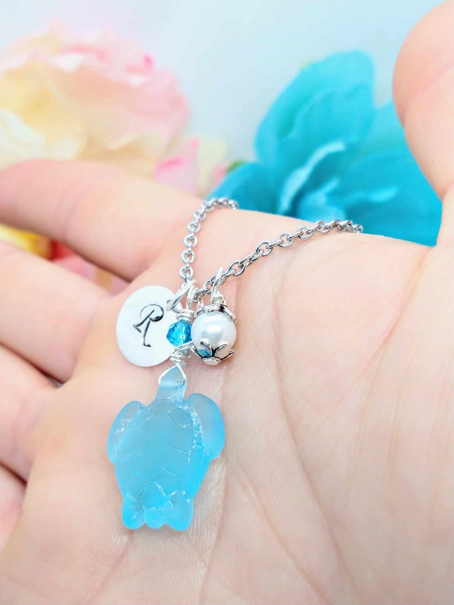 Sea Glass Turtle Necklace: Personalized Stainless Steel Charm Pendant