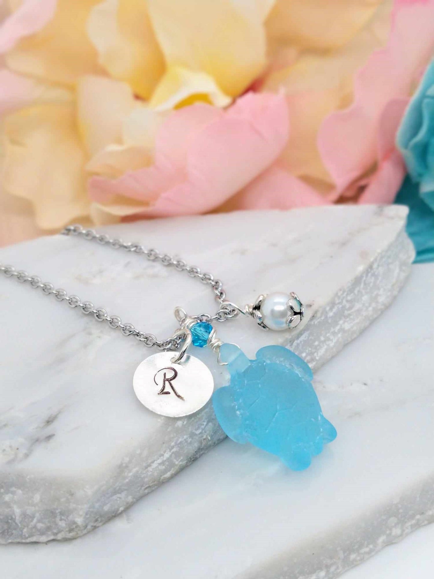 Sea Glass Turtle Necklace: Personalized Stainless Steel Charm Pendant