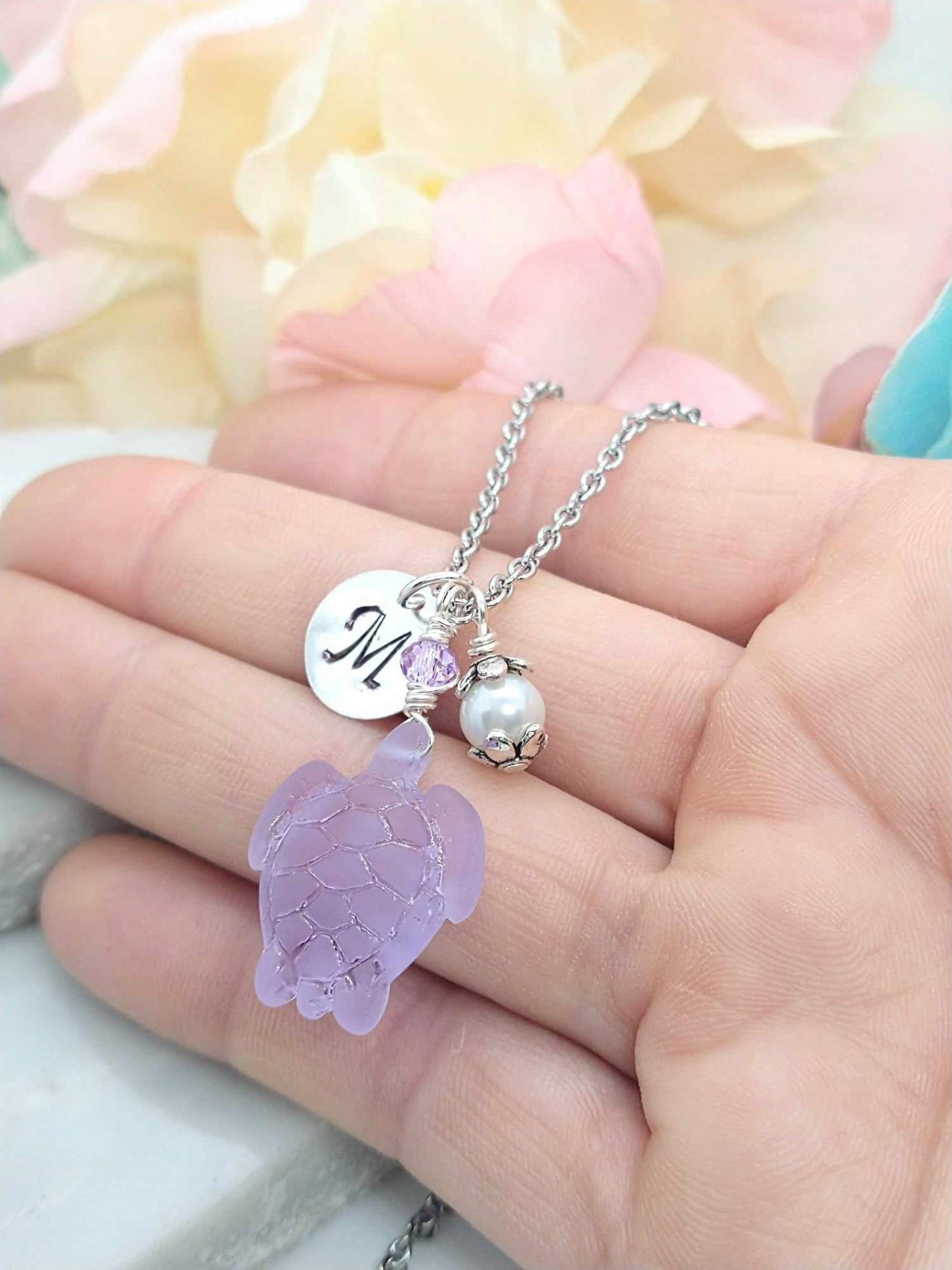 Sea Glass Turtle Necklace: Personalized Stainless Steel Initial Pendant