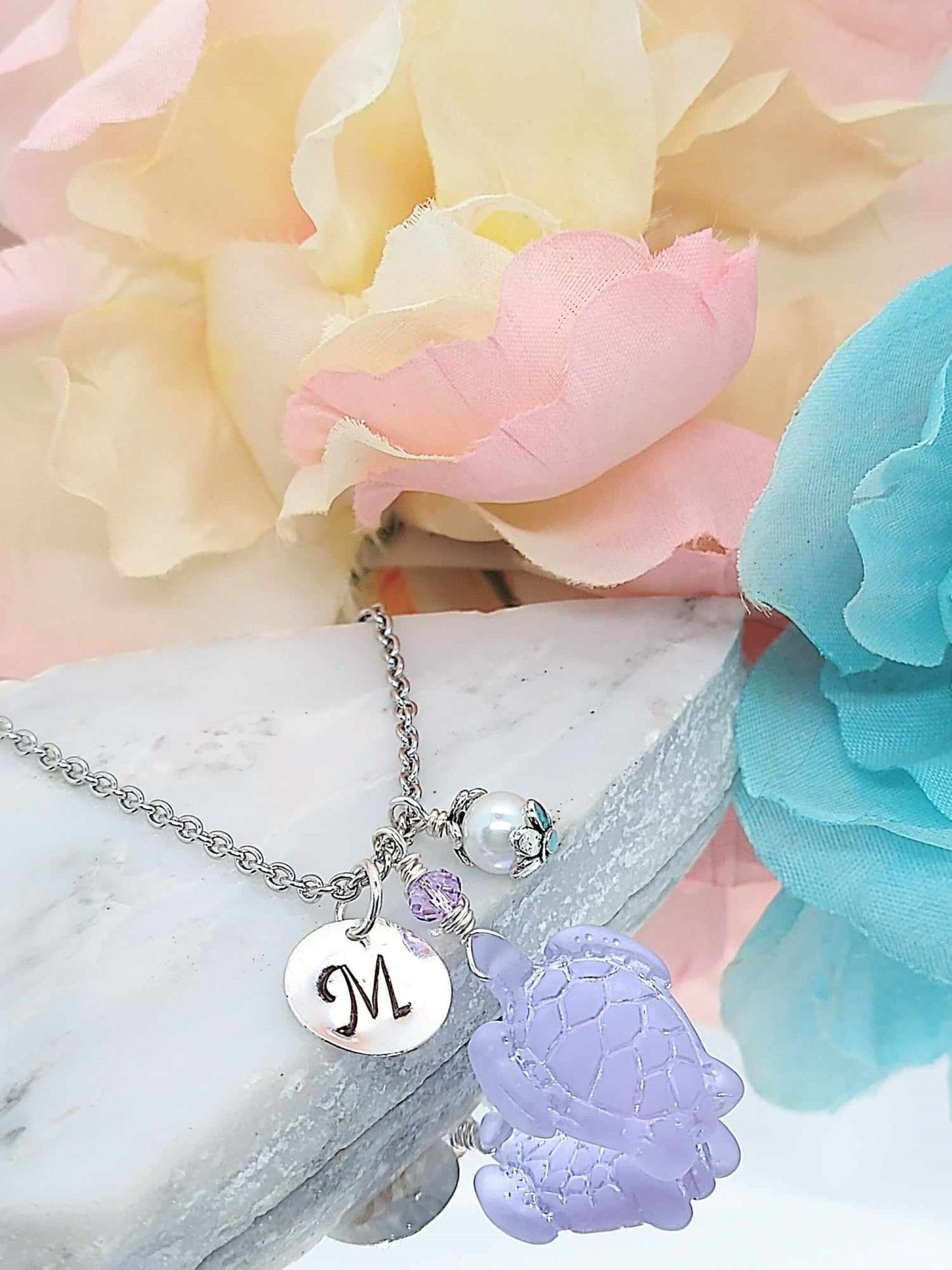 Sea Glass Turtle Necklace: Personalized Stainless Steel Initial Pendant