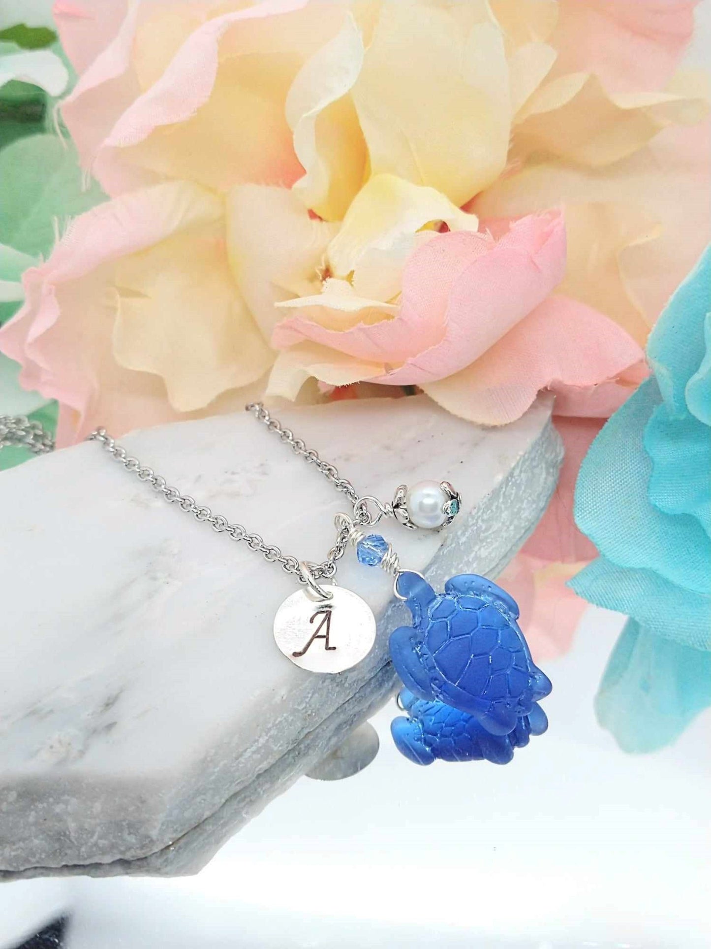 Seaglass Turtle Necklace: Personalized Initial Charm, Beach Jewelry