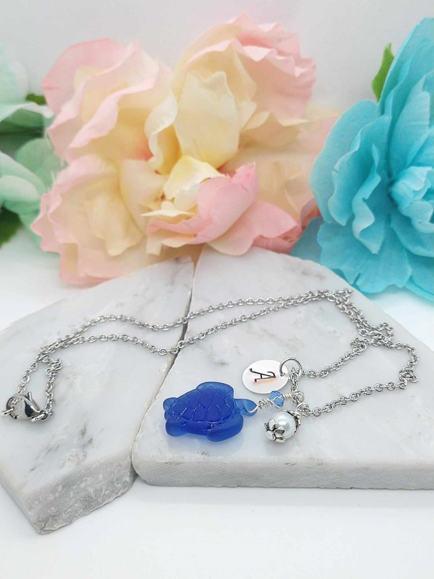 Seaglass Turtle Necklace: Personalized Initial Charm, Beach Jewelry