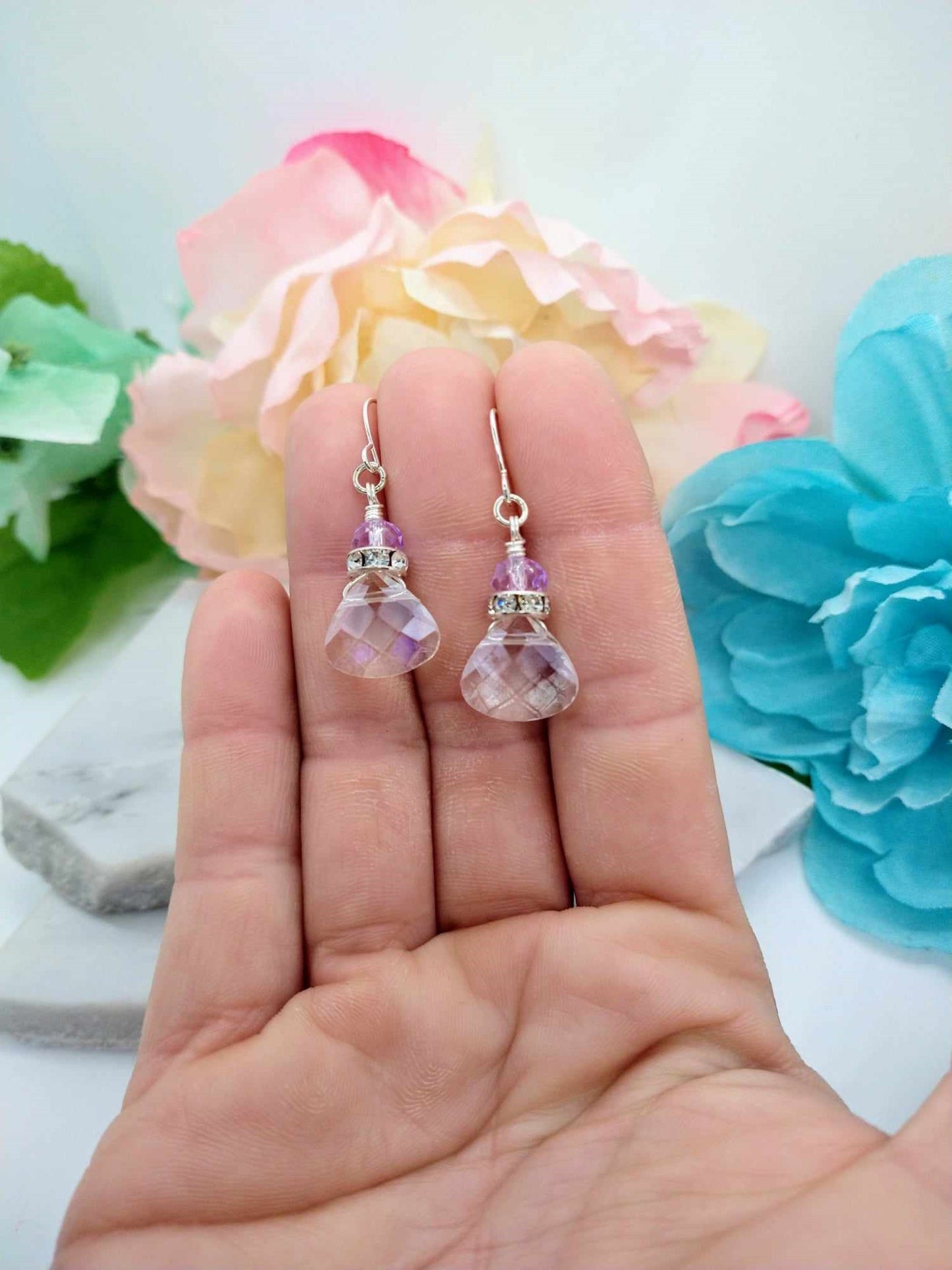 Dainty Crystal Teardrop Earrings: Minimalist Silver Dangle Jewelry