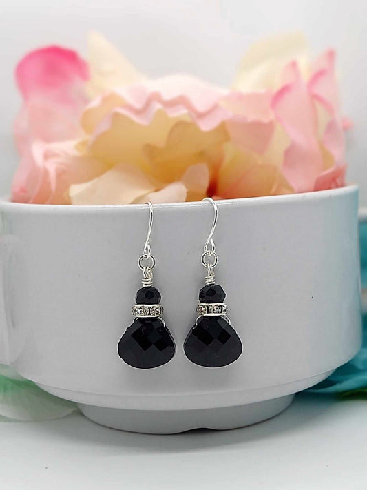 Black Crystal Teardrop Earrings: Silver Dangle Gemstone Jewelry