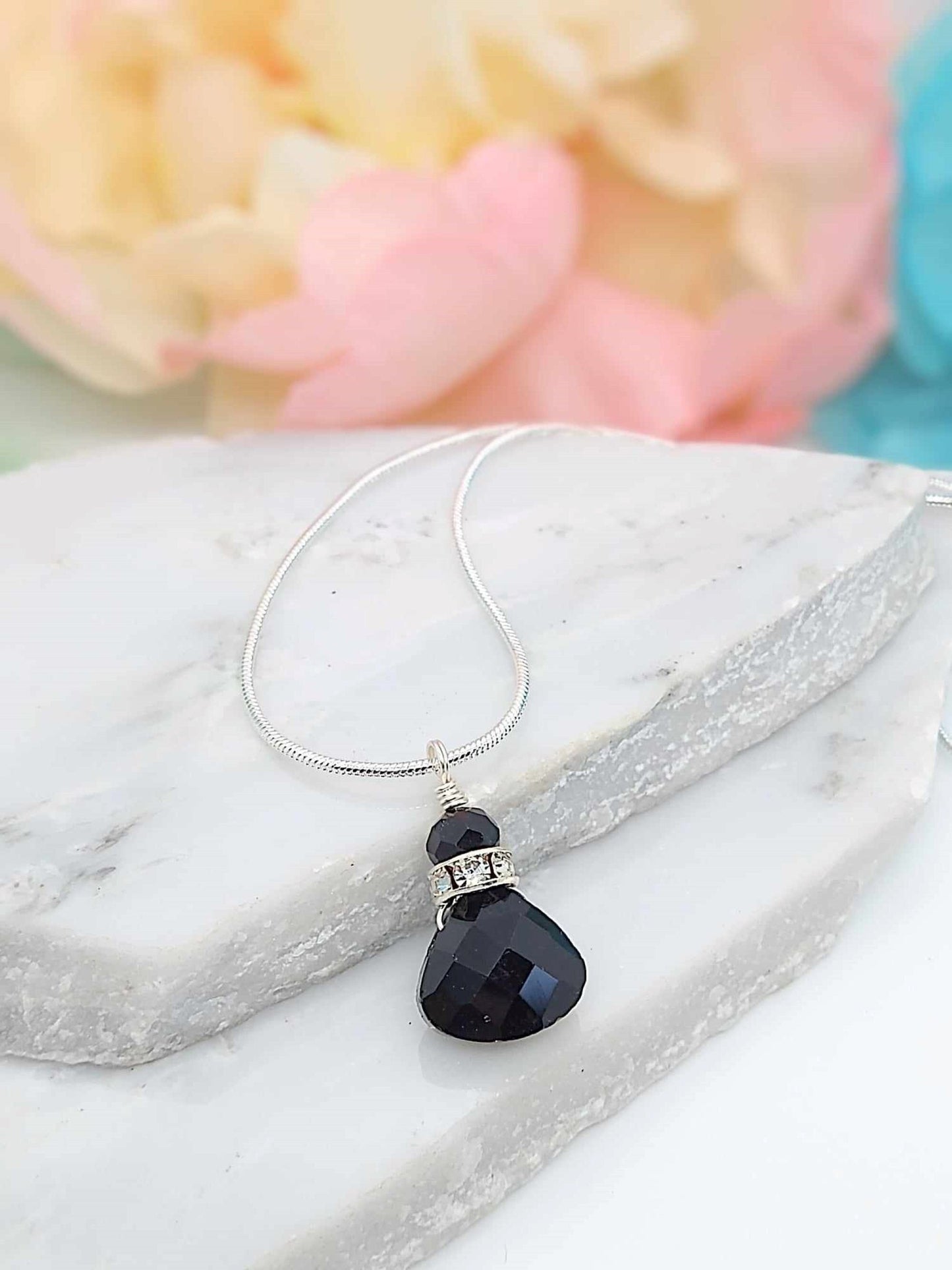 Dainty Black Onyx Teardrop Necklace, Silver Snake Chain, Handmade Jewelry
