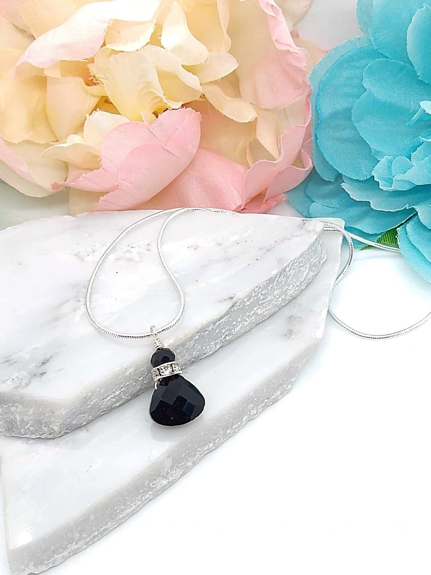 Black Onyx Gemstone Silver Snake Chain Necklace 18 Inch Teardrop Charm Dainty Minimalist Gift For Her Handmade Jewelry Christmas Gift
