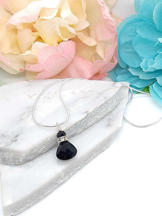 Dainty Black Onyx Teardrop Necklace, Silver Snake Chain, Handmade Jewelry