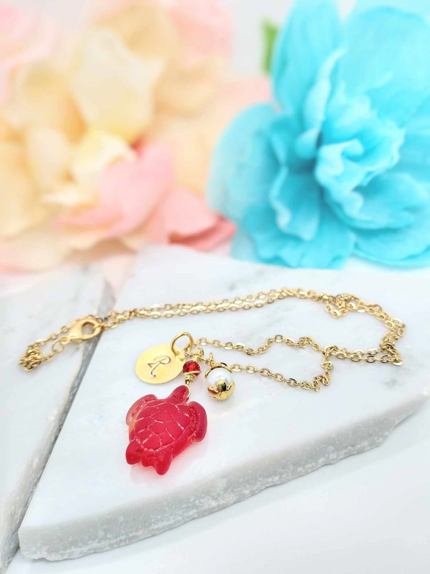 Gold Sea Glass Turtle Necklace: Personalized Initial Charm