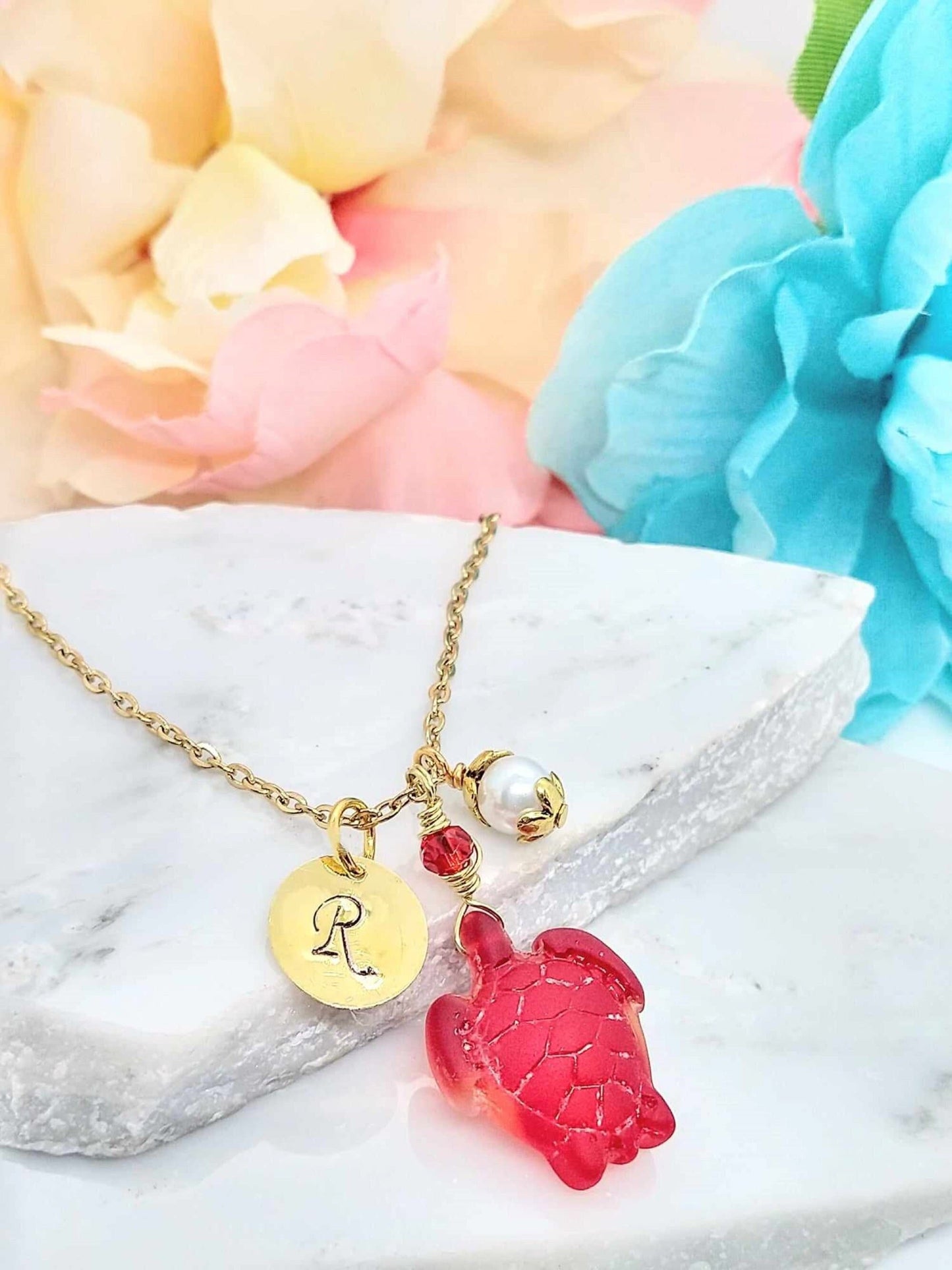 Gold Sea Glass Turtle Necklace: Personalized Initial Charm