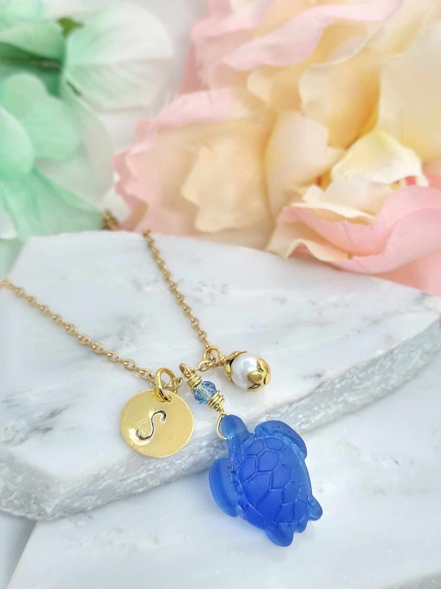 Dainty Blue Turtle Necklace • Personalized 18K Gold Jewelry • Sea Glass Pendant Gift • Coastal Ocean Necklace • Custom Initial Jewelry