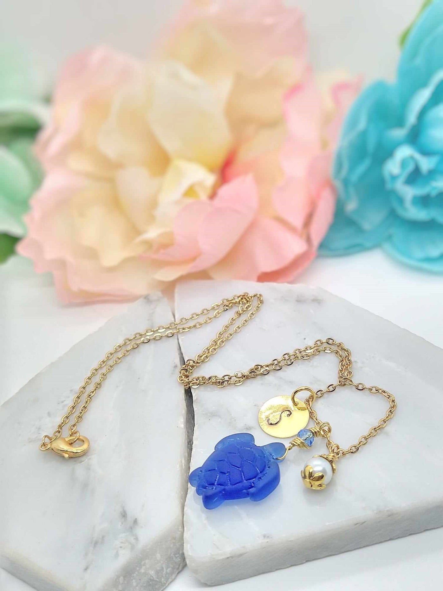 Dainty Blue Turtle Necklace • Personalized 18K Gold Jewelry • Sea Glass Pendant Gift • Coastal Ocean Necklace • Custom Initial Jewelry