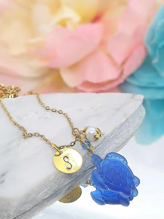 Dainty Blue Turtle Necklace • Personalized 18K Gold Jewelry • Sea Glass Pendant Gift • Coastal Ocean Necklace • Custom Initial Jewelry