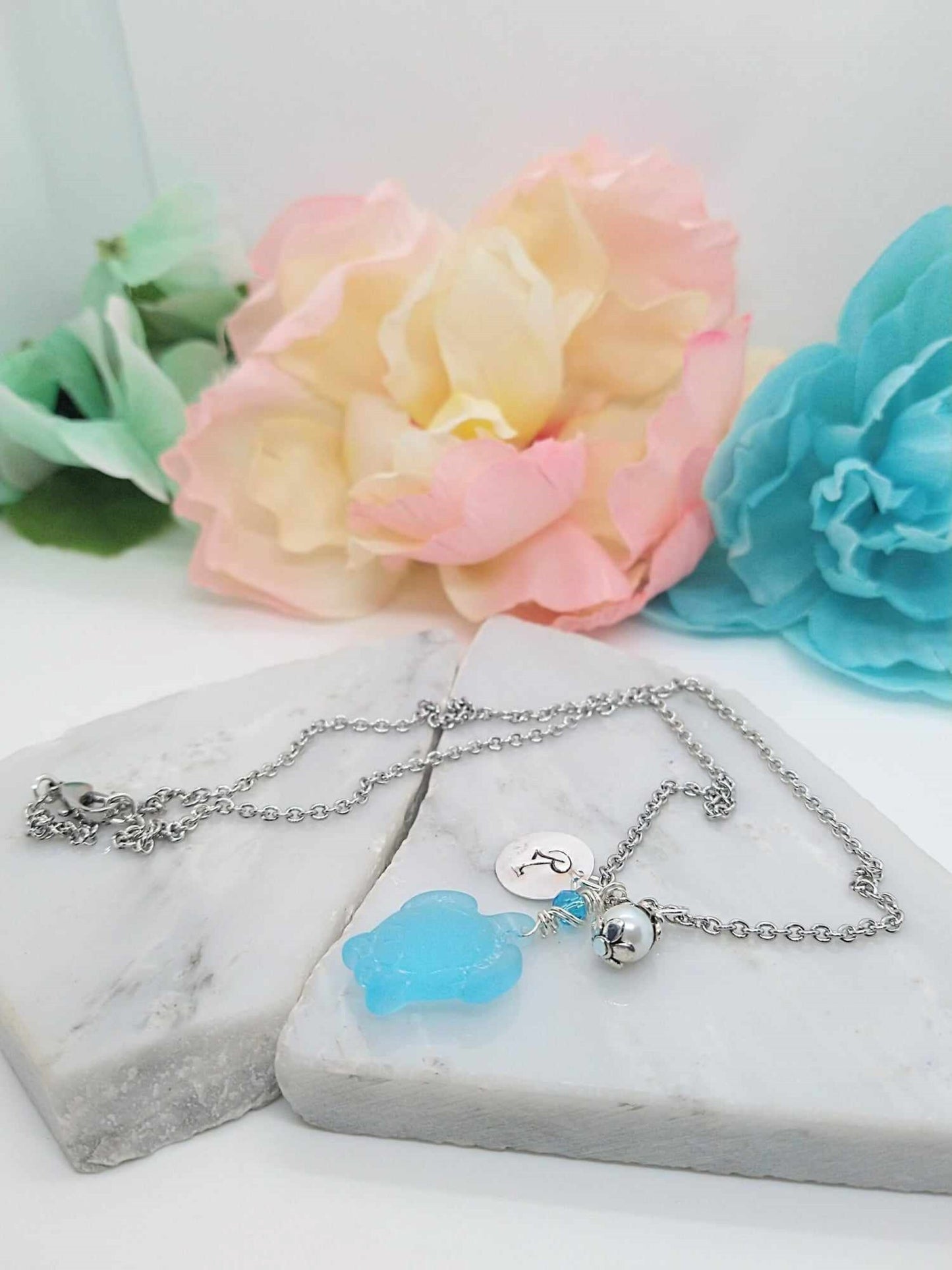 Sea Glass Turtle Necklace: Personalized Stainless Steel Charm Pendant