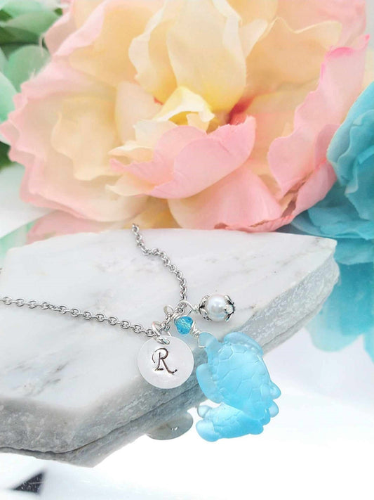 Sea Glass Turtle Necklace: Personalized Stainless Steel Charm Pendant