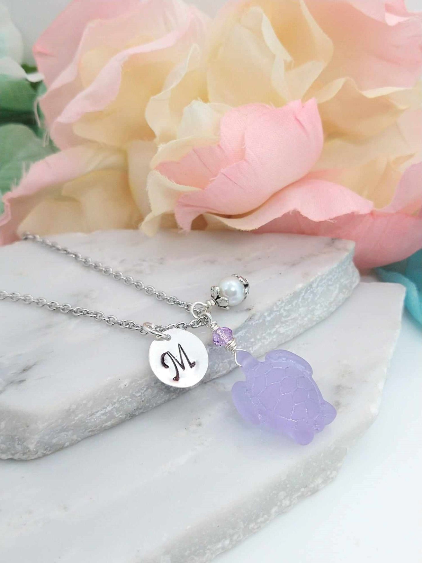 Sea Glass Turtle Necklace: Personalized Stainless Steel Initial Pendant