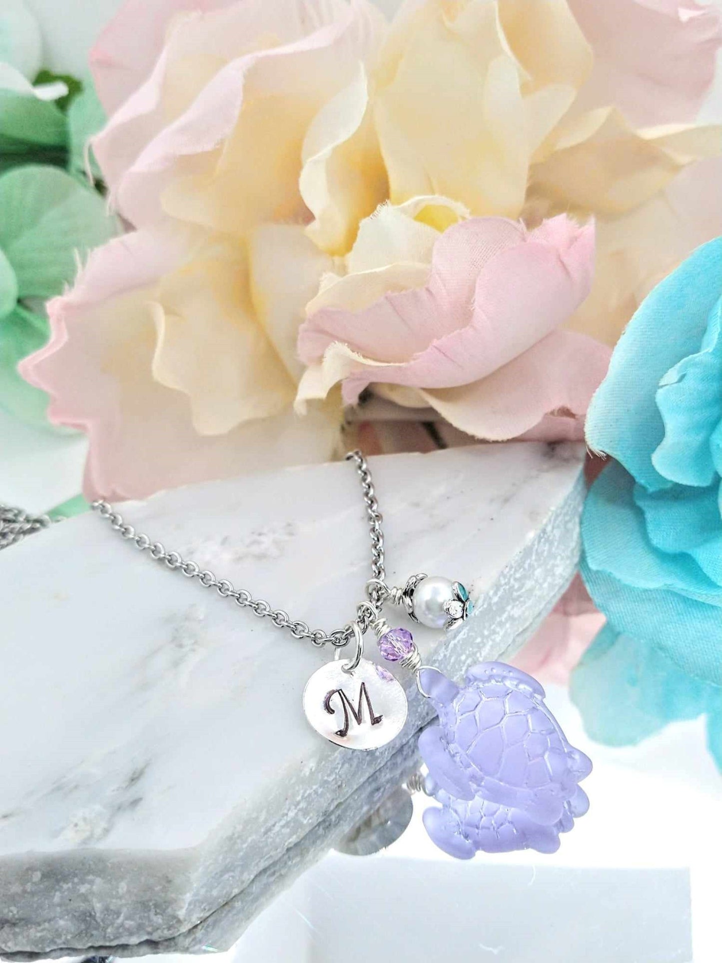 Sea Glass Turtle Necklace: Personalized Stainless Steel Initial Pendant