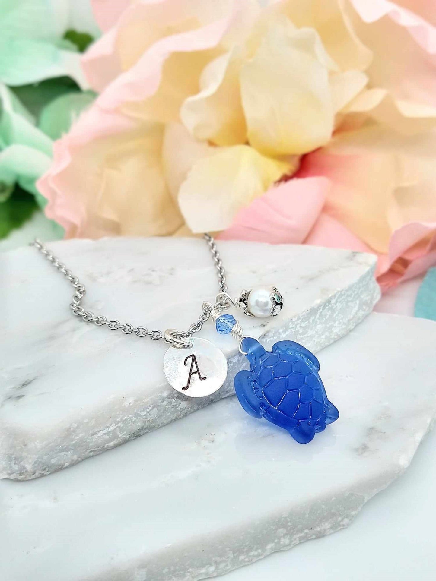 Seaglass Turtle Necklace: Personalized Initial Charm, Beach Jewelry