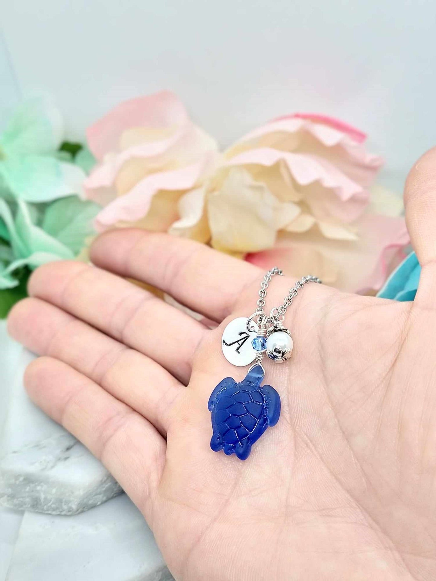 Seaglass Turtle Necklace: Personalized Initial Charm, Beach Jewelry