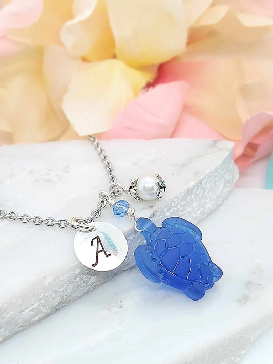 Seaglass Turtle Necklace: Personalized Initial Charm, Beach Jewelry