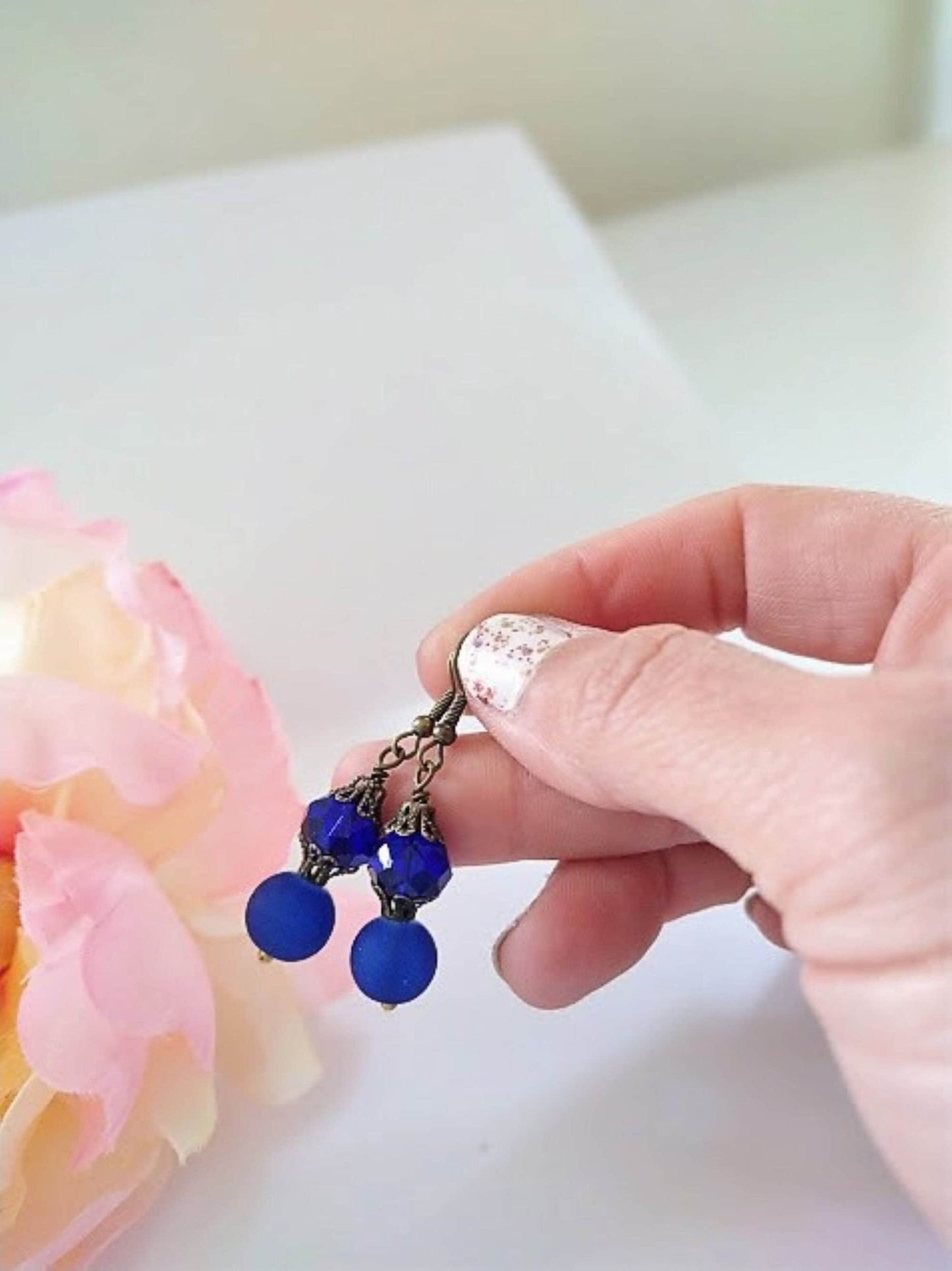 Cobalt Blue Frosted Sea Glass Dangle Earrings, Brass Bead Caps