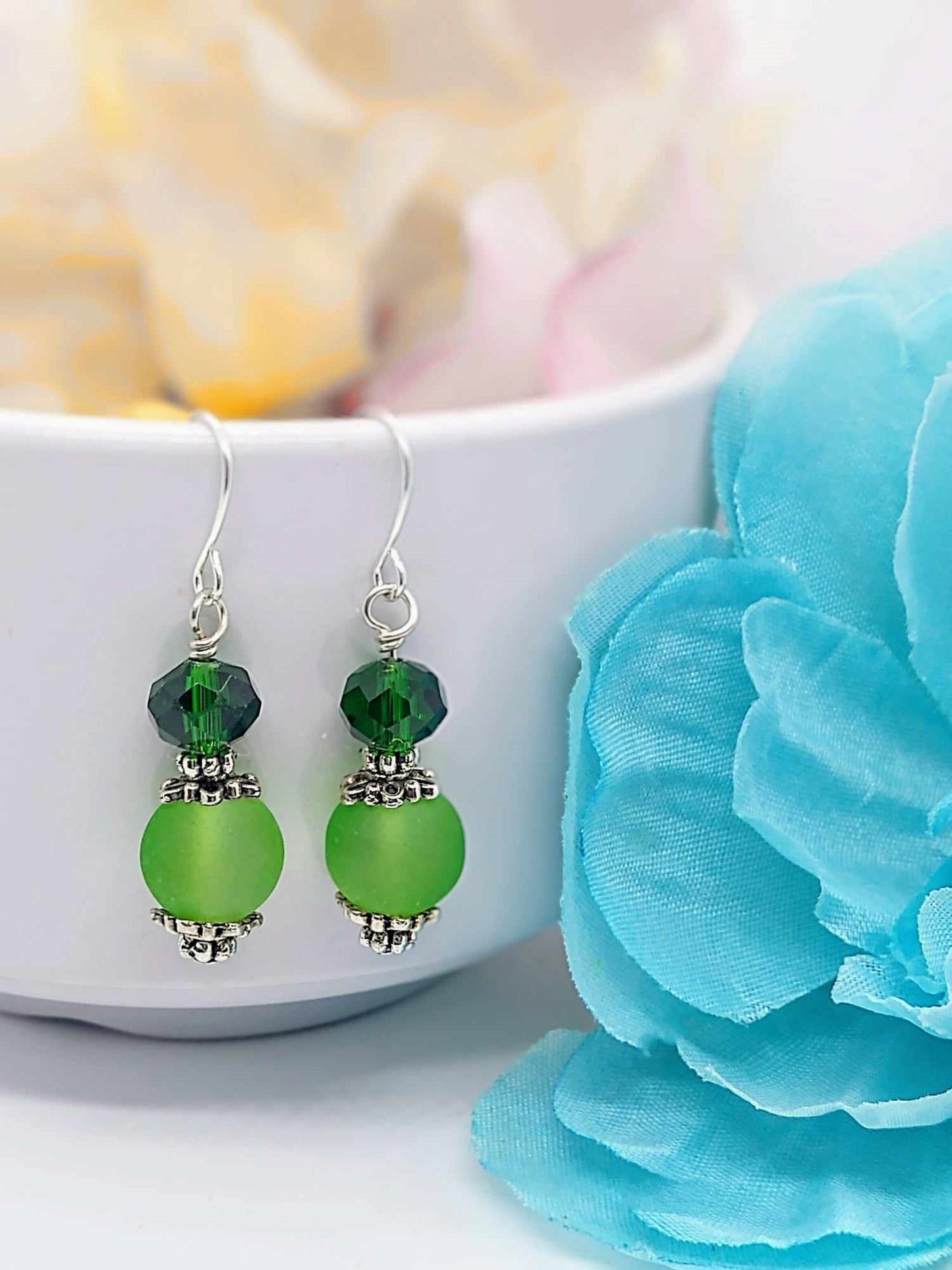 Green Sea Glass Dangle Earrings: Hypoallergenic Silver Drop Earrings