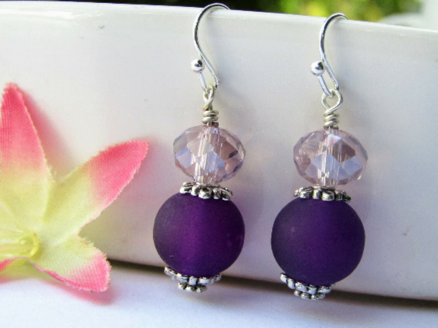 Frosted Seaglass Purple Dangle Earrings, Soft Violet Drops, Summer Earrings For Her