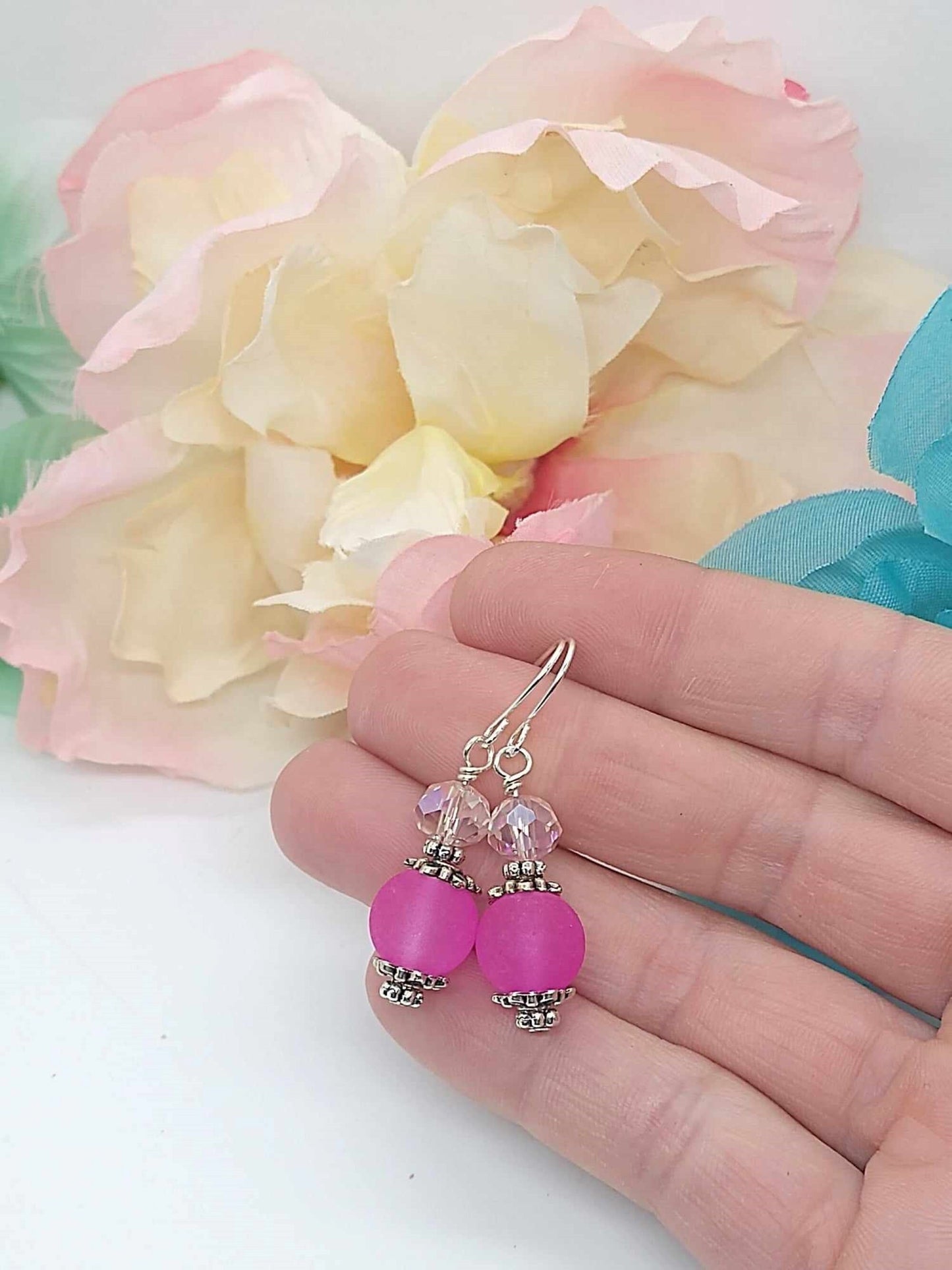 Pink Frosted Sea Glass Dangle Earrings: Hypoallergenic Silver