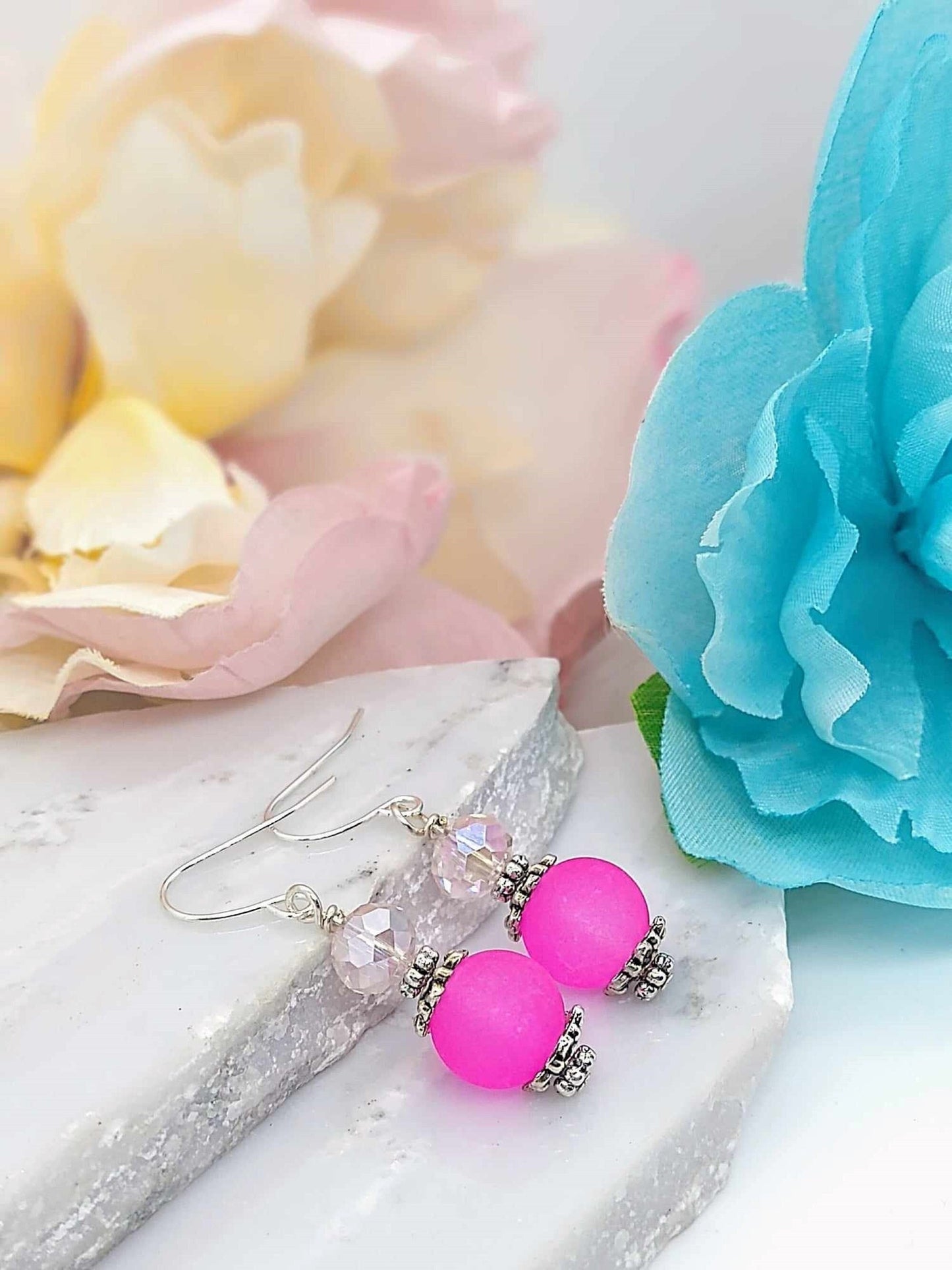 Pink Frosted Sea Glass Dangle Earrings: Hypoallergenic Silver